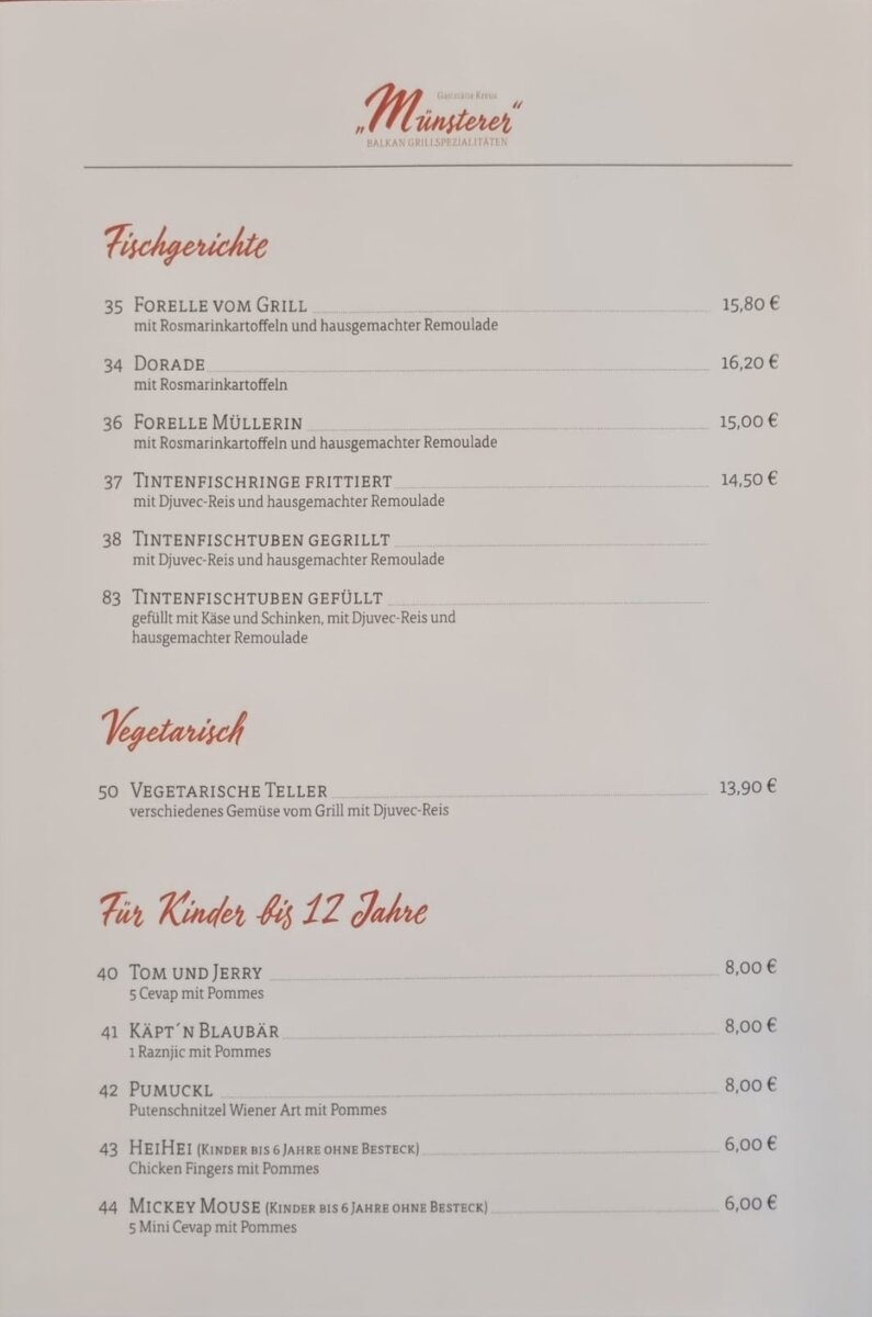Fisch- und Vegetarische-Karte der Gaststätte Kreuz Münsterer Balkan-Spezialitäten