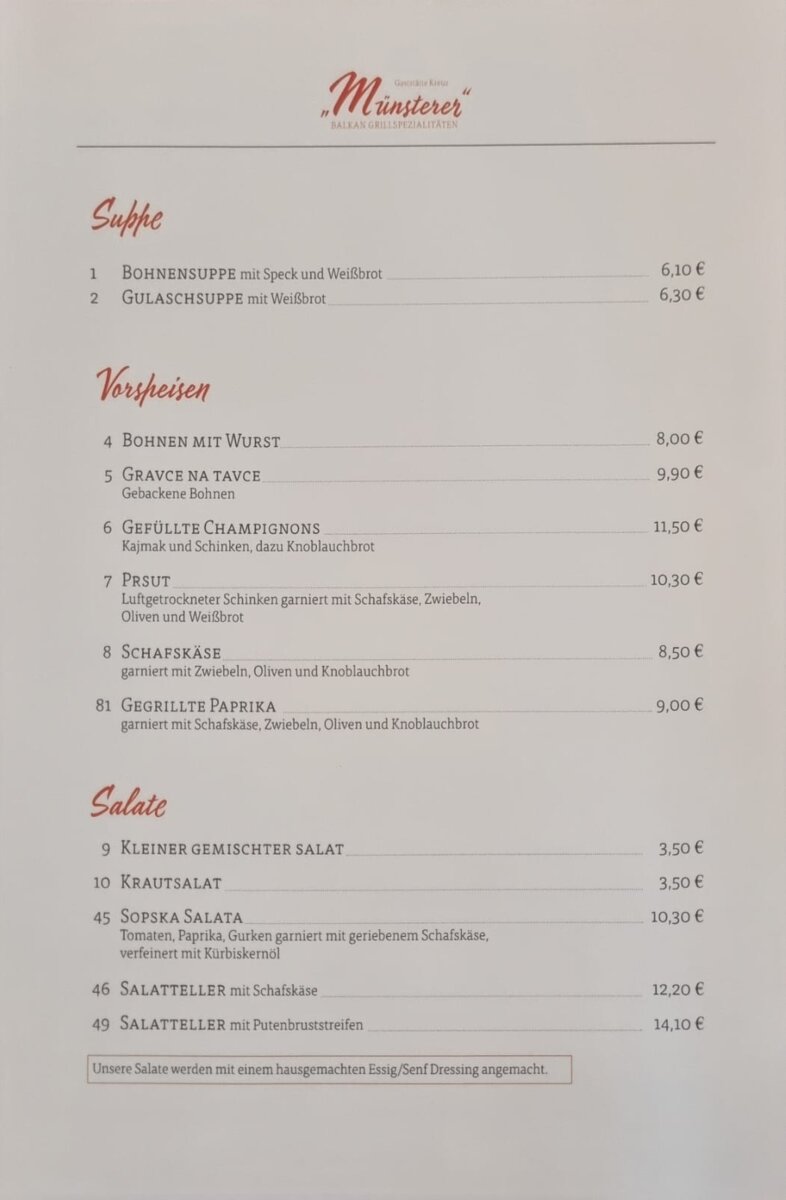 Vorspeisen-Karte der Gaststätte Kreuz Münsterer Balkan-Spezialitäten
