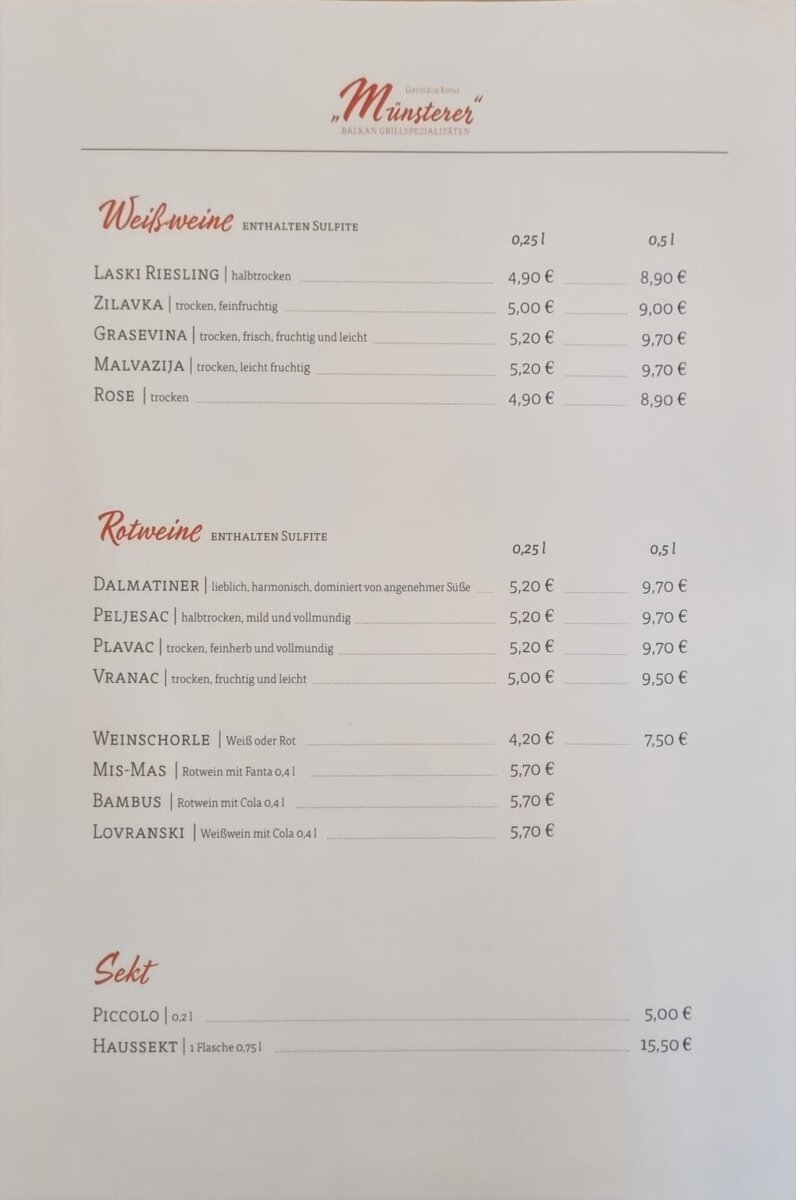 Getränkekarte der Gaststätte Kreuz Münsterer Balkan-Spezialitäten