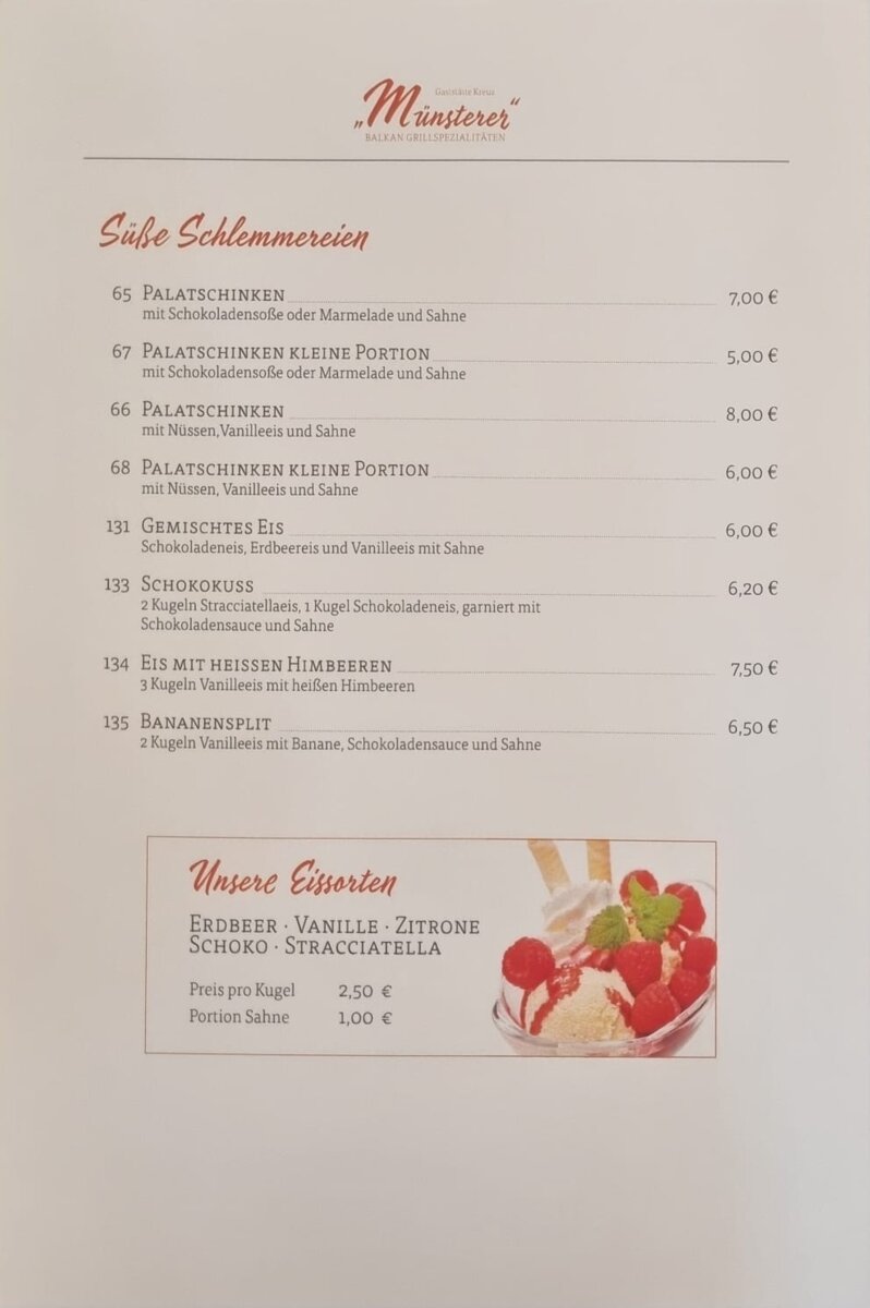 Nachspeisen-Karte der Gaststätte Kreuz Münsterer Balkan-Spezialitäten