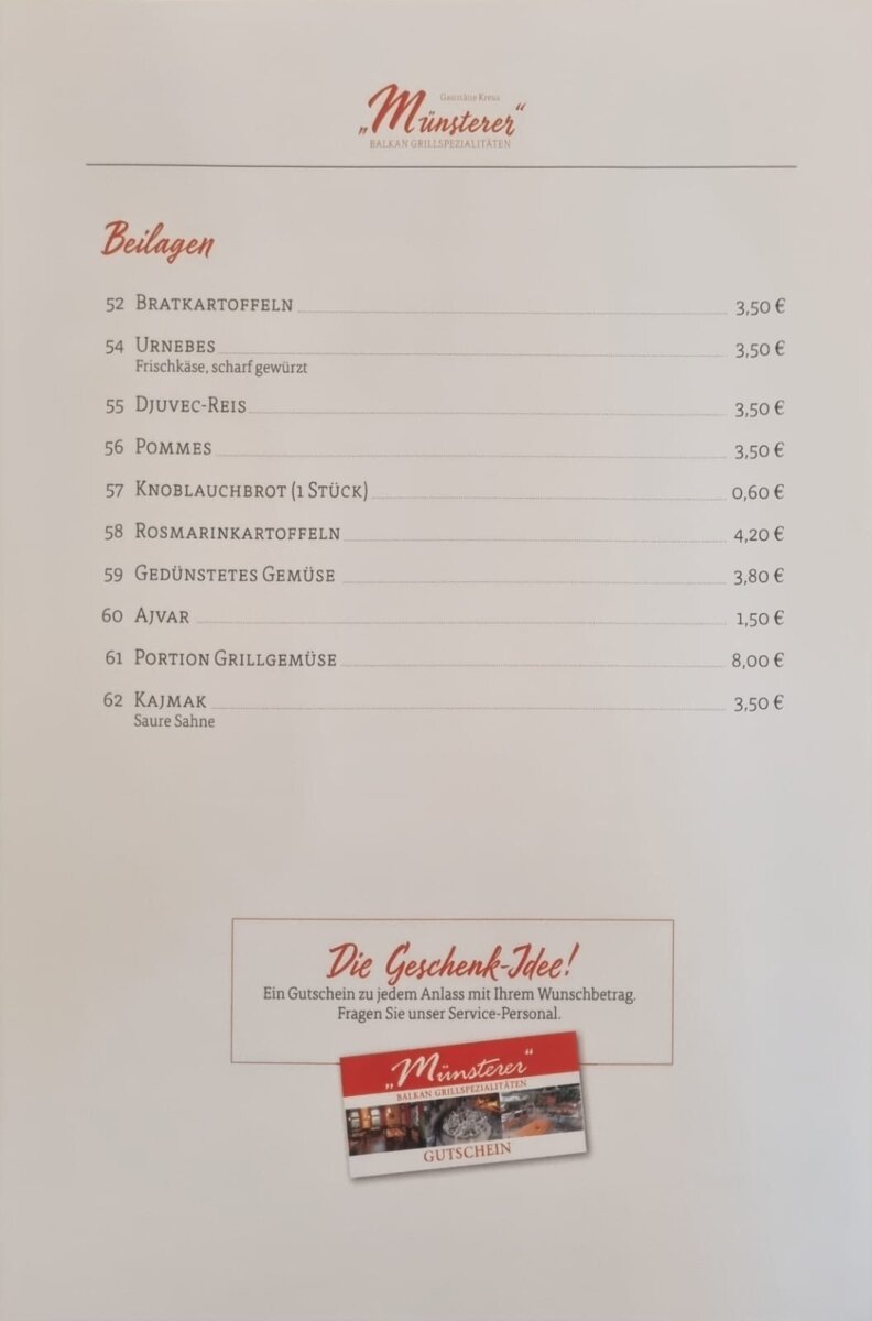 Beilagen-Karte der Gaststätte Kreuz Münsterer Balkan-Spezialitäten
