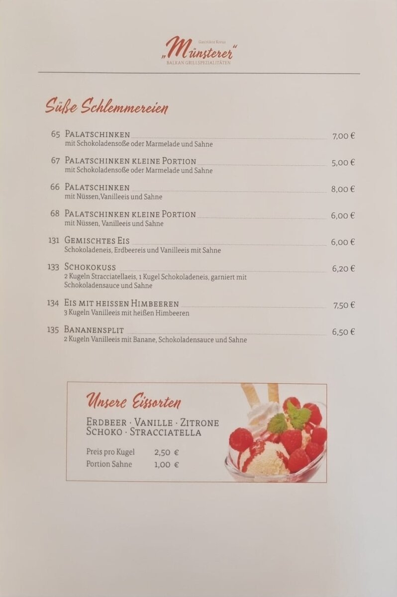 Nachspeisen-Karte der Gaststätte Kreuz Münsterer Balkan-Spezialitäten