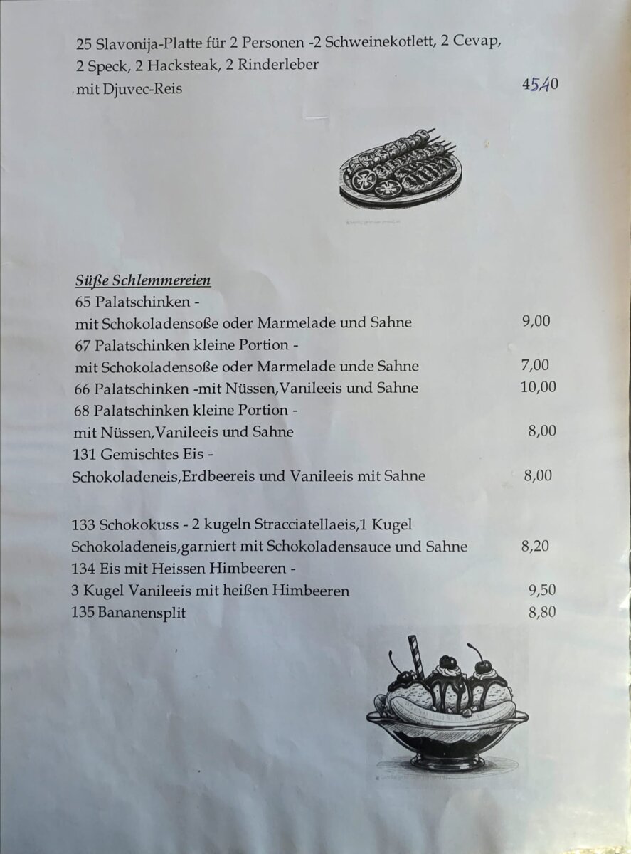 Speisekarte süße Schlemmereien