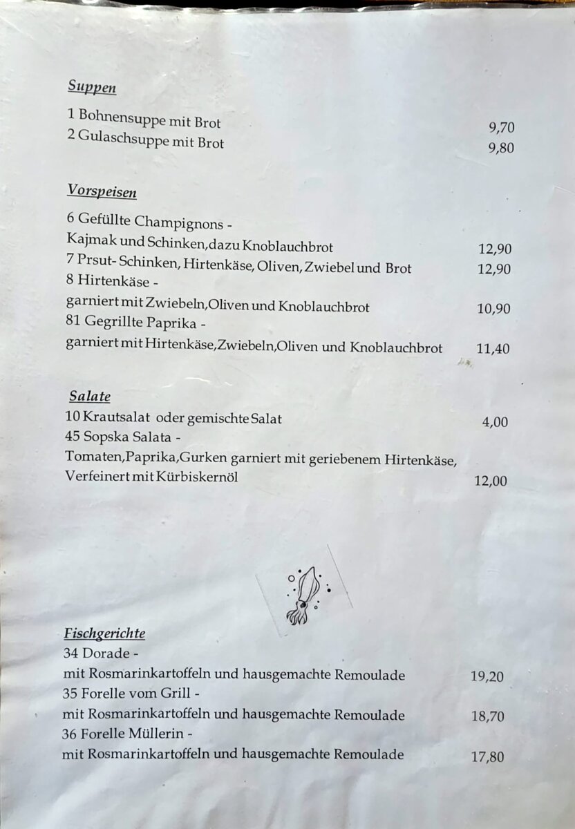 Speisekarte Suppen + Vorspeisen